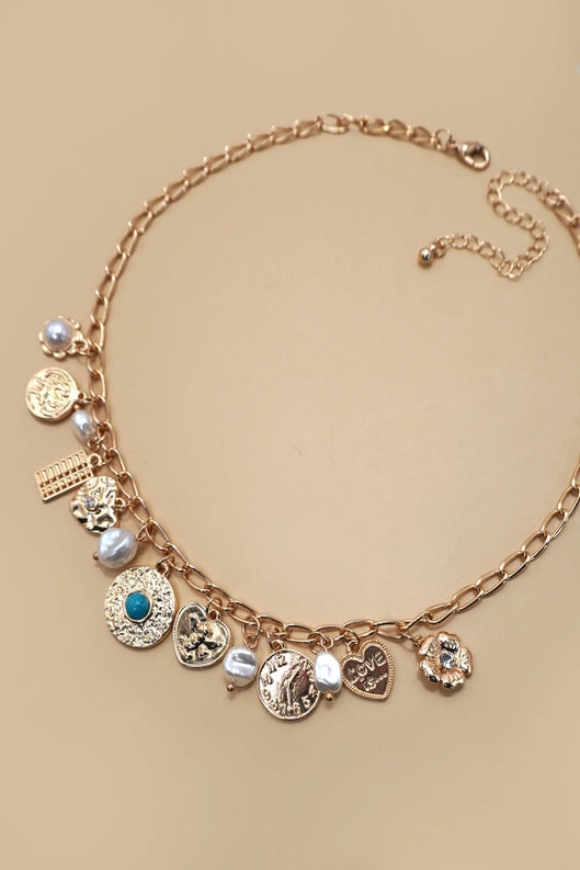 Charm Necklace Pearl Heart Turq Coin Charms