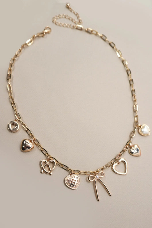 Charm Necklace Bow Multi Hearts Pearl Charms