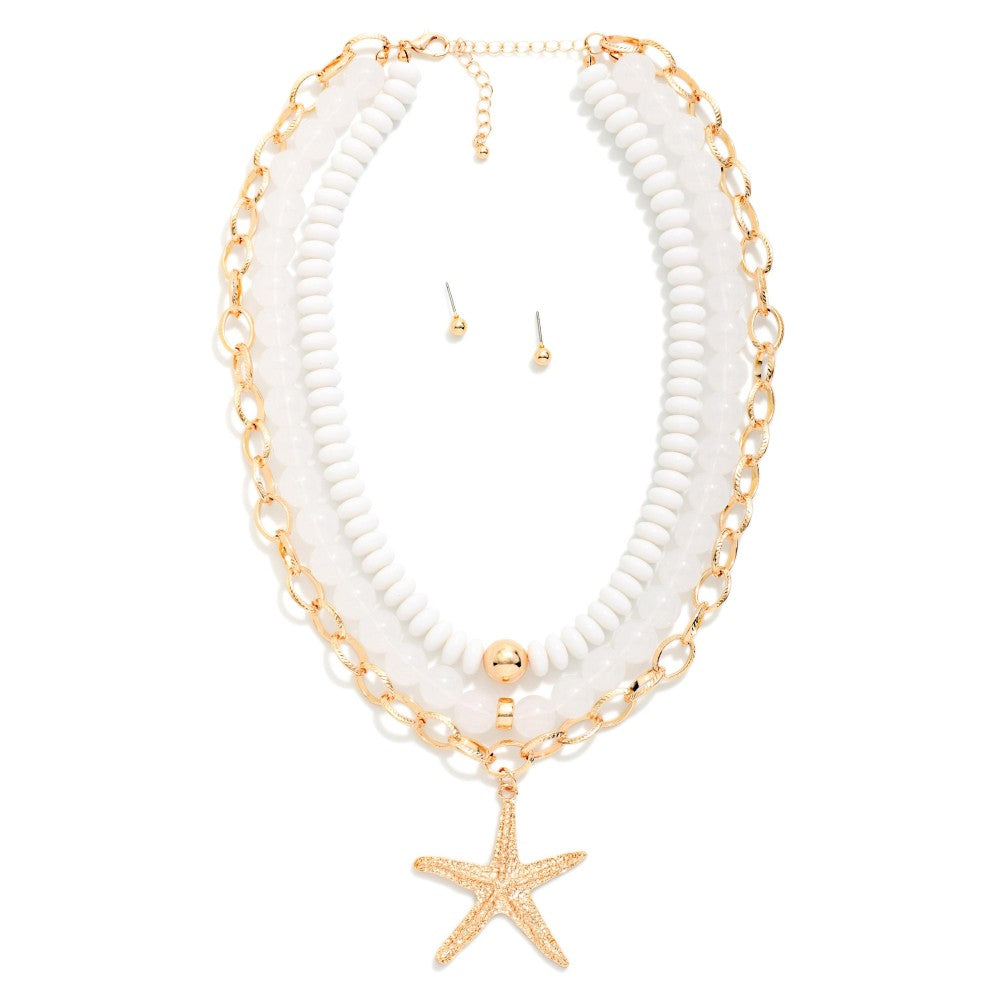 Layered Beaded & Chain Link Necklace With Starfish Pendant