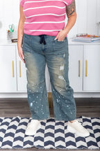 Blue Velvet Paint Splatter Barrel Jeans