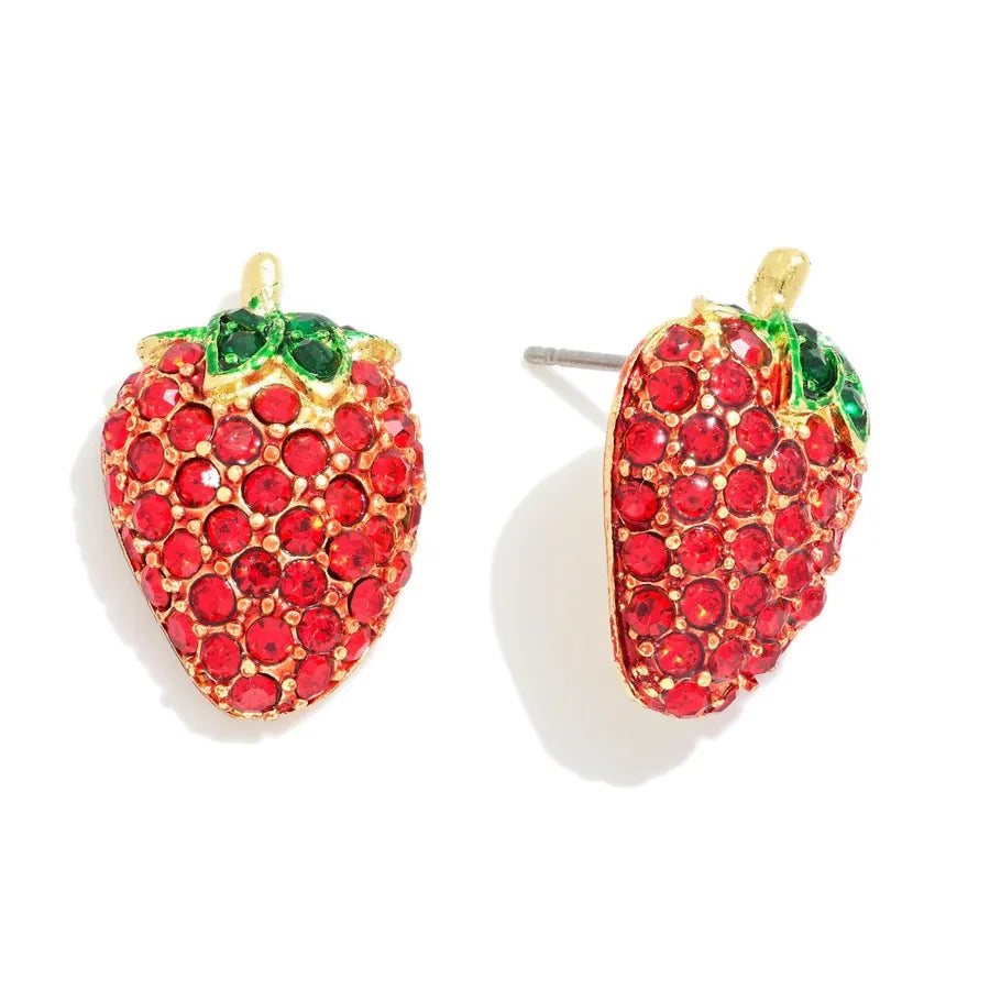 Pave Rhinestone Strawberry Stud Earrings