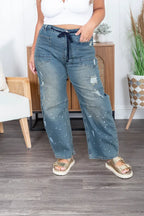 Blue Velvet Paint Splatter Barrel Jeans