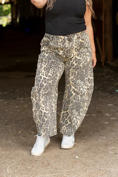 Blue Velvet Leopard Print Barrel Jeans