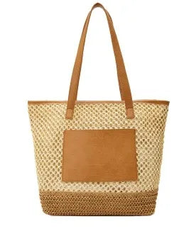 Woven Straw Tote Bag With Vegan Leather Accents
