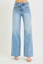 High Rise Risen Wide Leg Jeans With Waist String Details