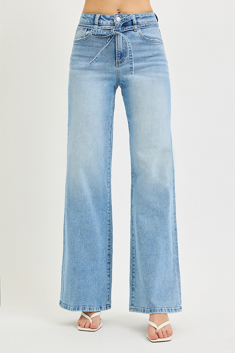 High Rise Risen Wide Leg Jeans With Waist String Details