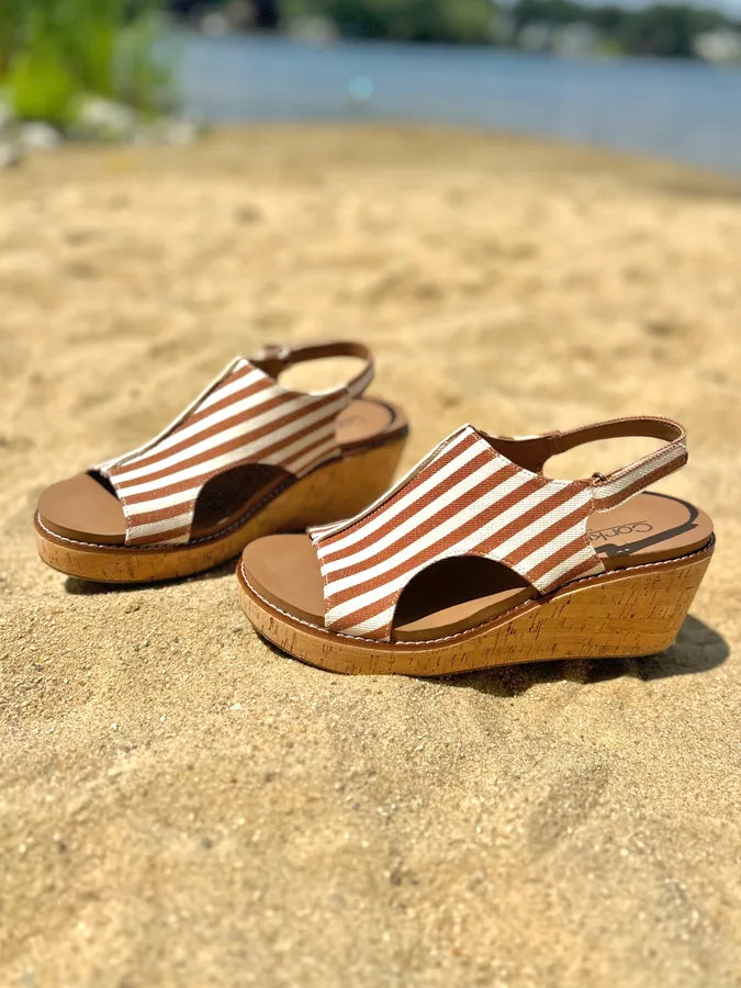 Corky Tan White Stripe Carley Wedge