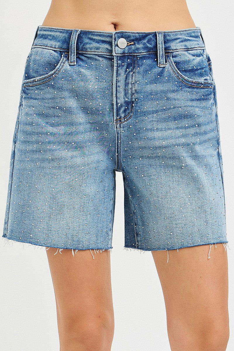 Slouchy Mid Length All Over Rhinestones Shorts