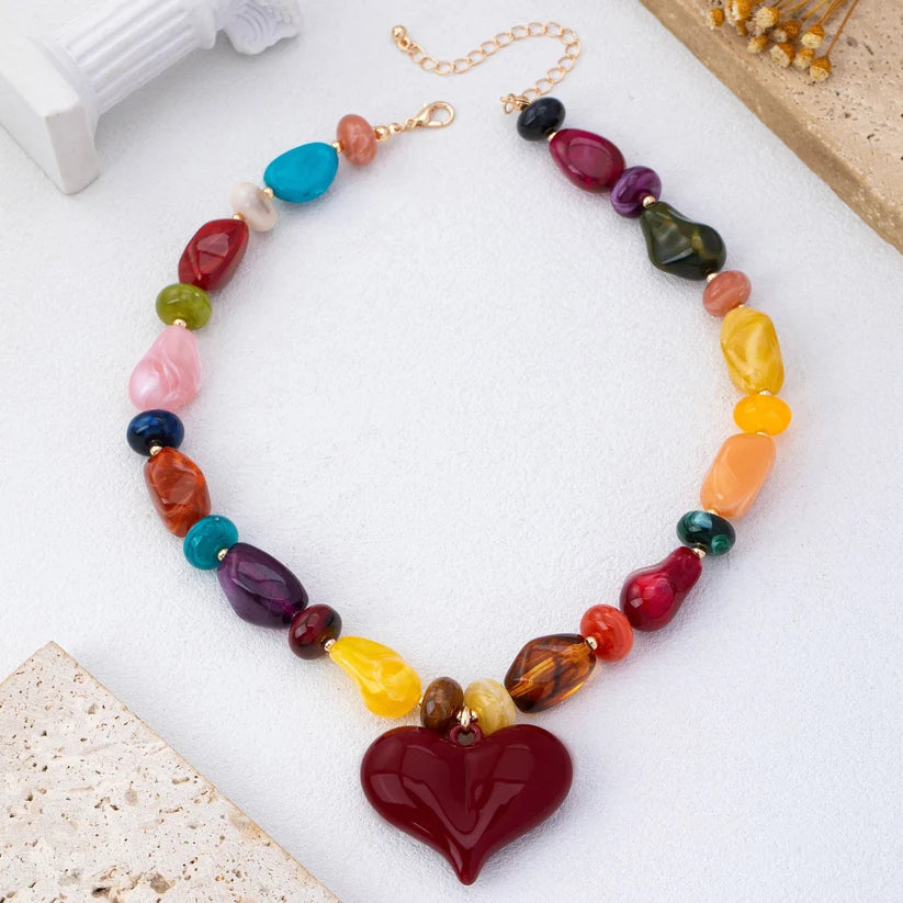 Chunky Multicolor Bead Heart Pendant Necklace