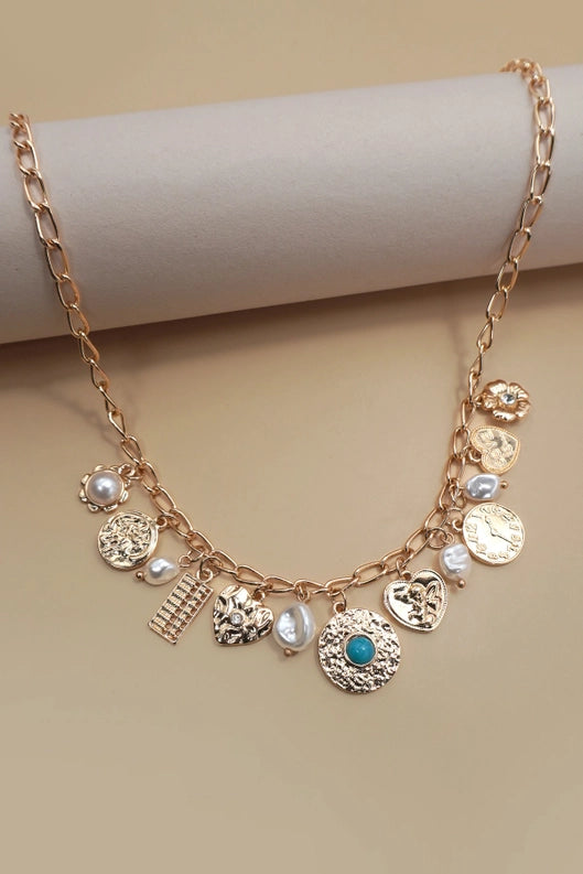 Charm Necklace Pearl Heart Turq Coin Charms
