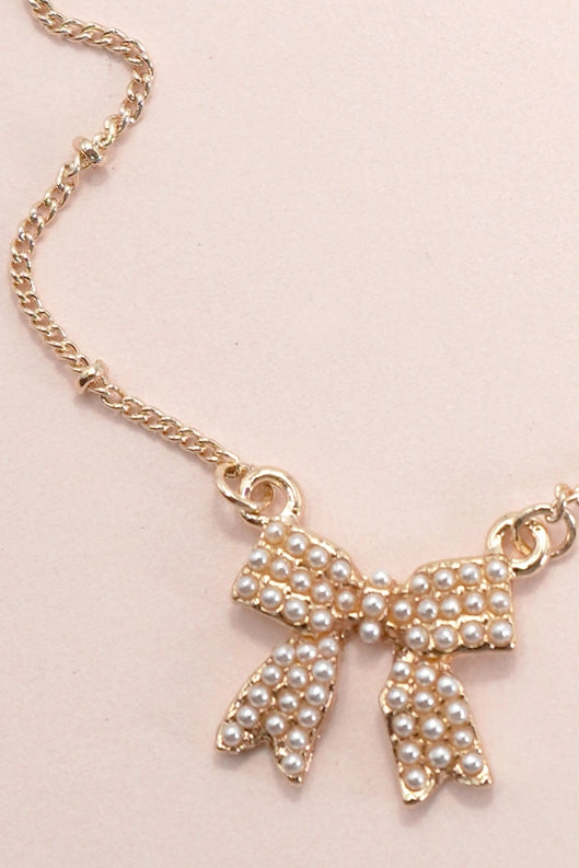 Pearl Bow Charm Ball Chain Necklace