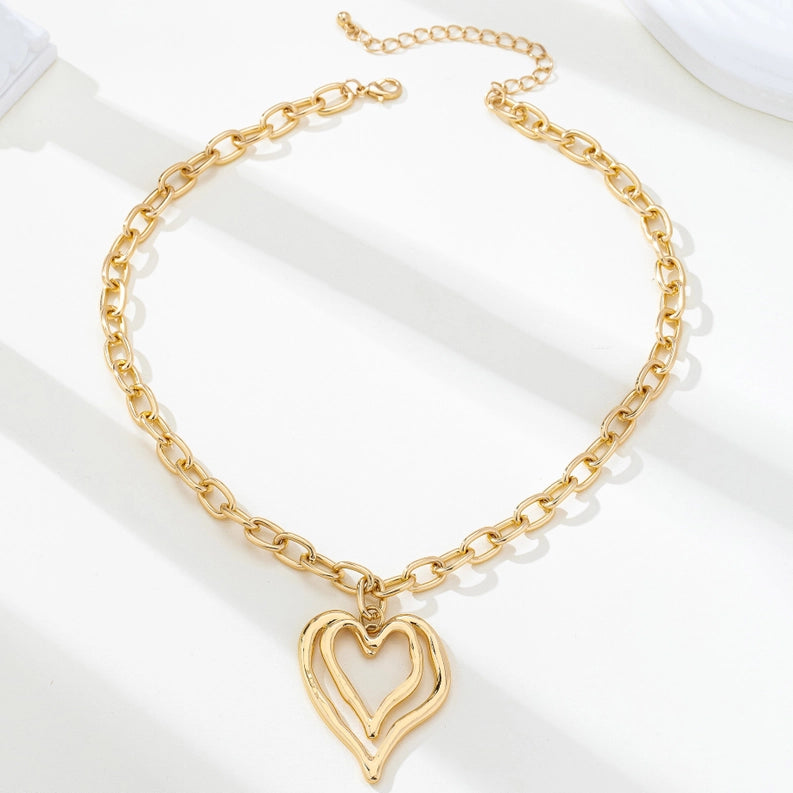 Sculptural Oversized Double Heart Pendant Necklace