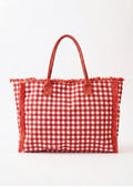 Gingham Terry Cloth Tote Bag With Fringe Detail