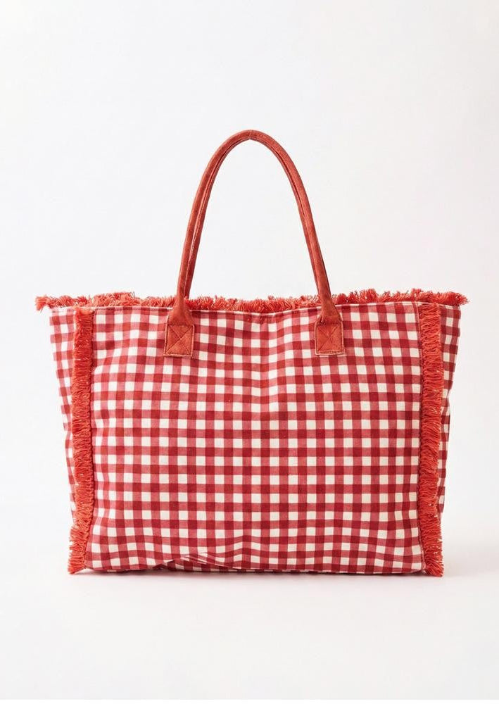 Gingham Terry Cloth Tote Bag With Fringe Detail