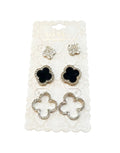 Set of 3 Rhinestone and Black Clover Motif Earrings