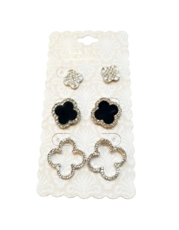 Set of 3 Rhinestone and Black Clover Motif Earrings