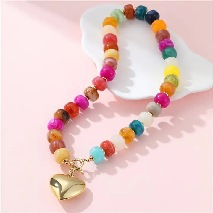 Multi Beaded Heart Charm Necklace