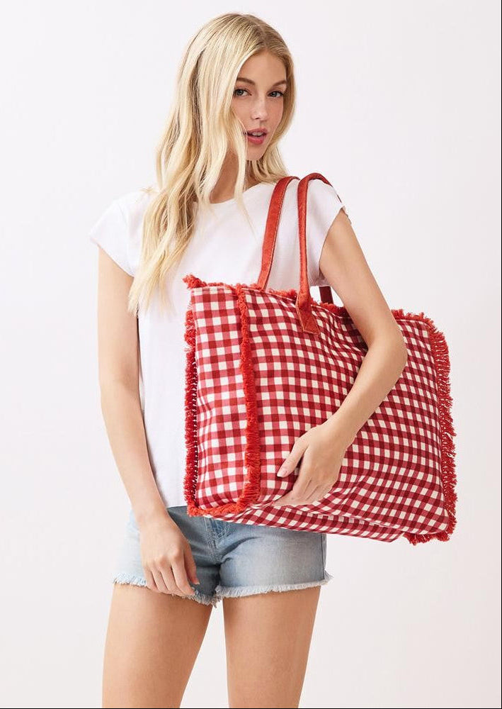 Gingham Terry Cloth Tote Bag With Fringe Detail