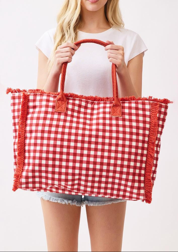 Gingham Terry Cloth Tote Bag With Fringe Detail