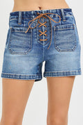 High Rise Front Tie Up Risen Shorts With Patch Pockets