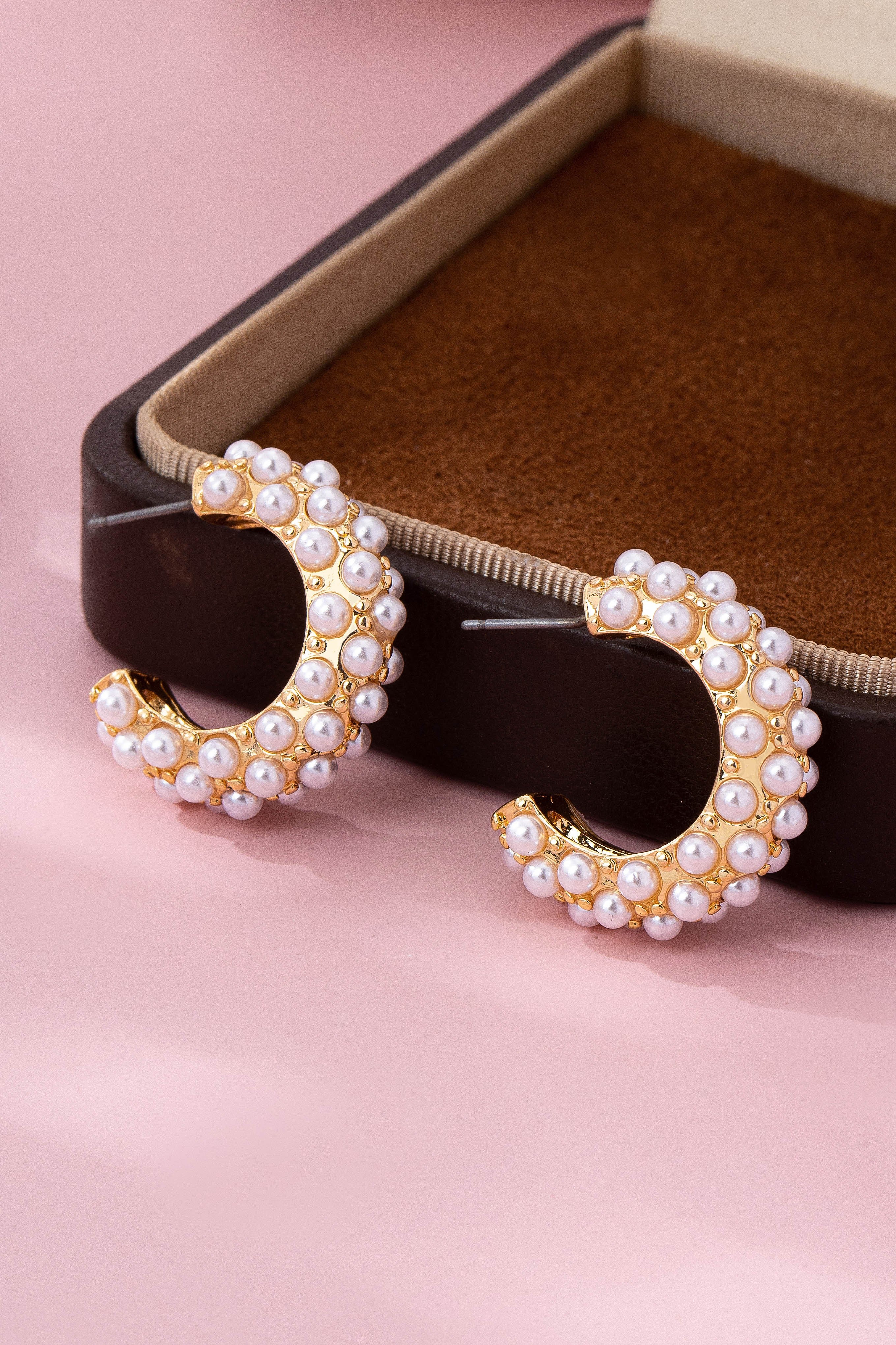 Gold Tone Multi Pearl C-Hoop Earrings