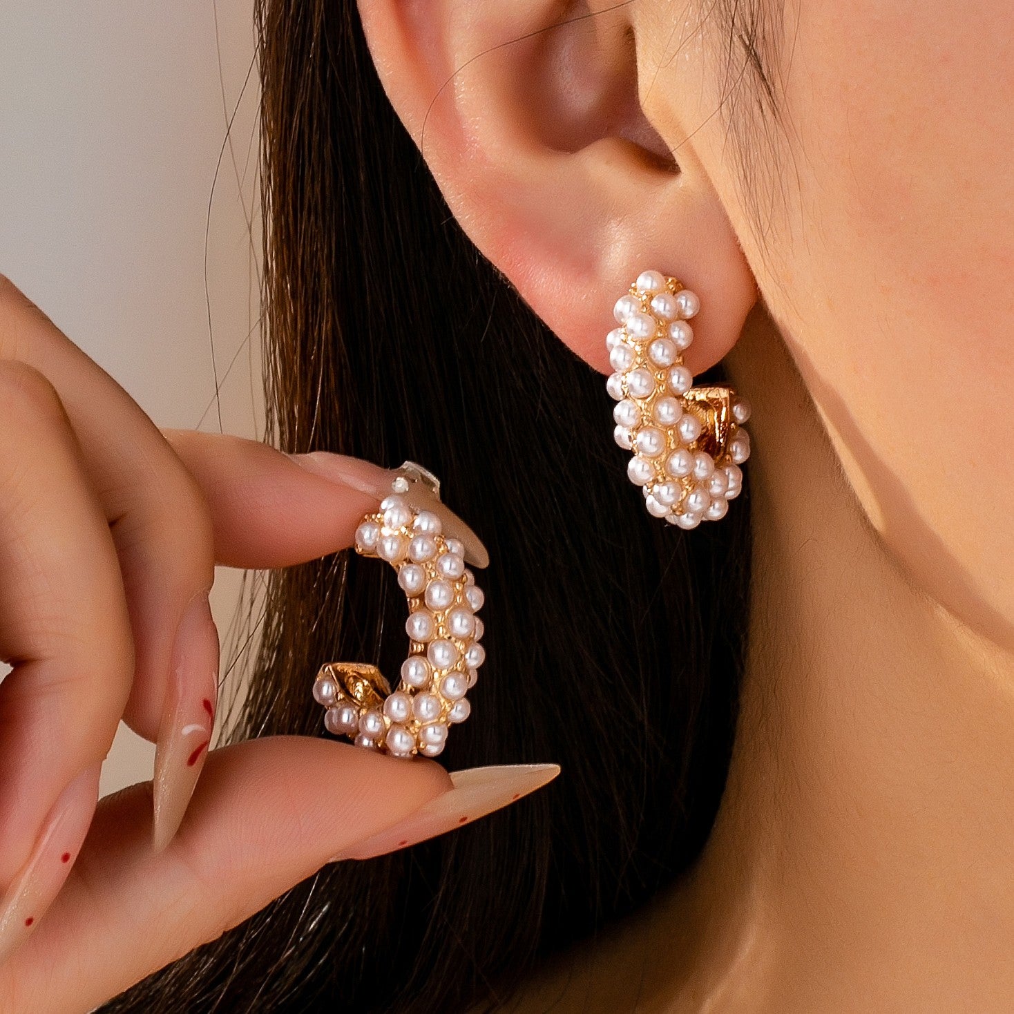 Gold Tone Multi Pearl C-Hoop Earrings