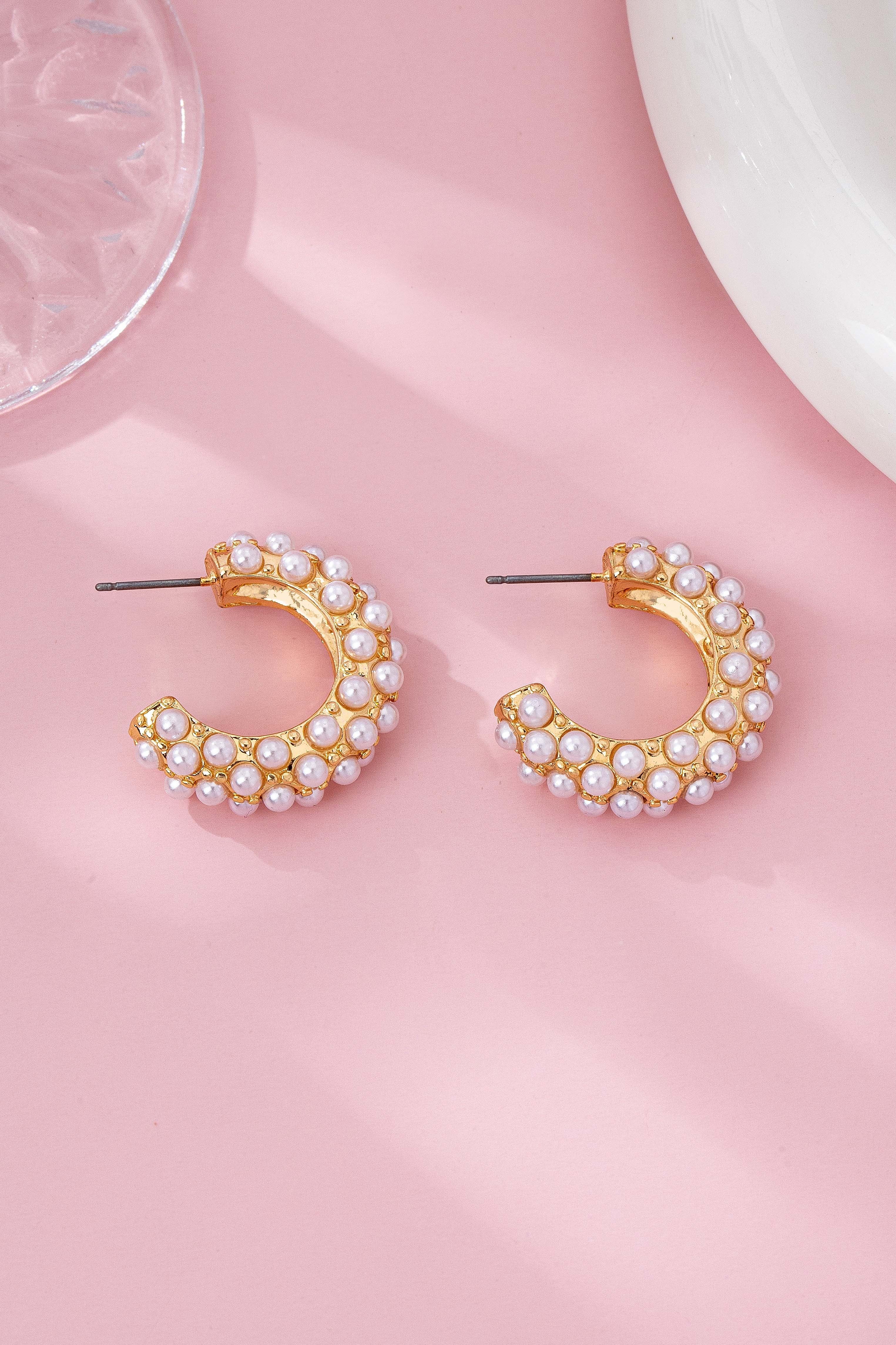 Gold Tone Multi Pearl C-Hoop Earrings