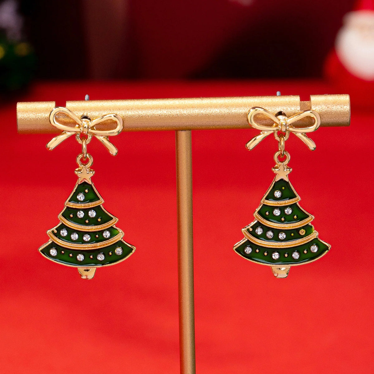 Christmas Tree And Bow Dangle Earrings