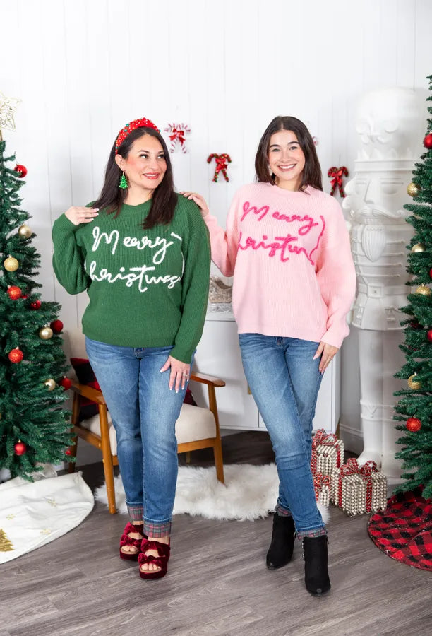 Merry Christmas Tinsel Lettering Sweater Top