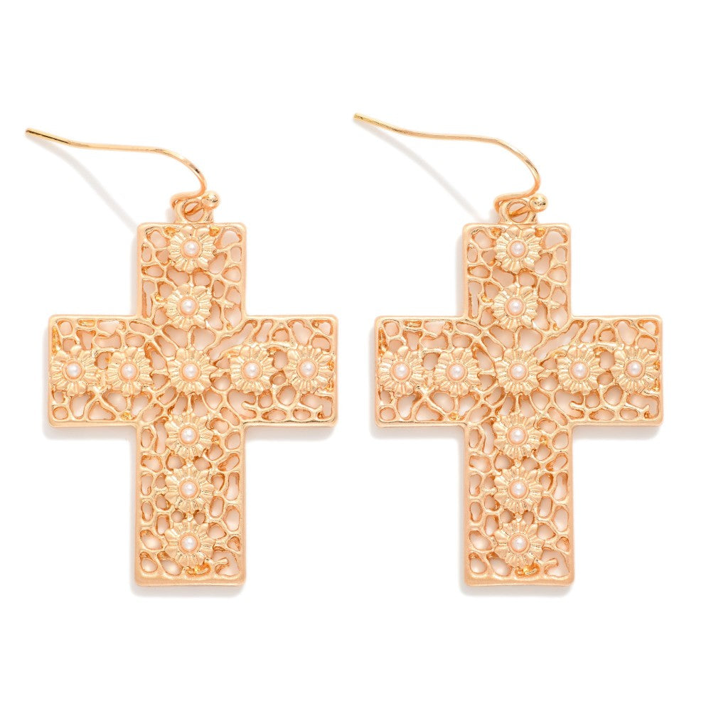 Filigree Studded Cross Drop Earrings