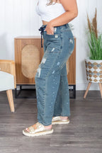 Blue Velvet Paint Splatter Barrel Jeans