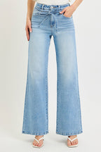 High Rise Risen Wide Leg Jeans With Waist String Details