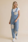 Denim Barrel Leg Overalls Floral Patchwork