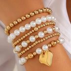 Multilayer Ball Pearl Chain Bead Heart Bracelet