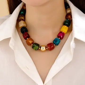 Multicolor Marbled Resin Bead Necklace