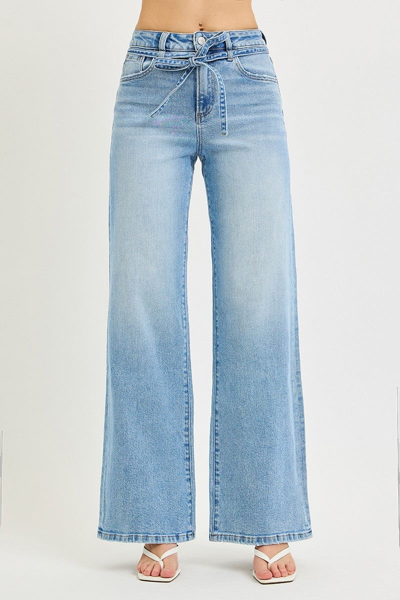 High Rise Risen Wide Leg Jeans With Waist String Details