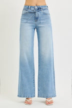 High Rise Risen Wide Leg Jeans With Waist String Details