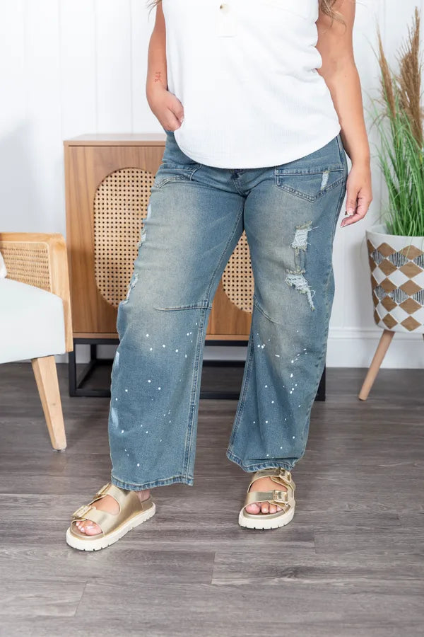 Blue Velvet Paint Splatter Barrel Jeans