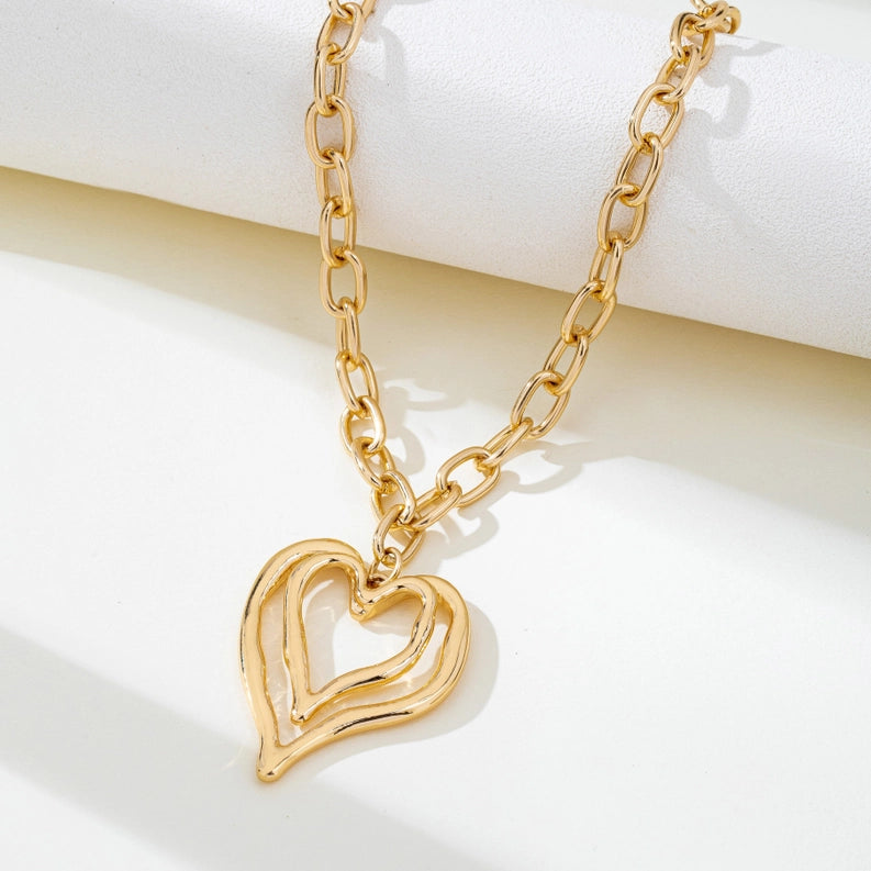 Sculptural Oversized Double Heart Pendant Necklace