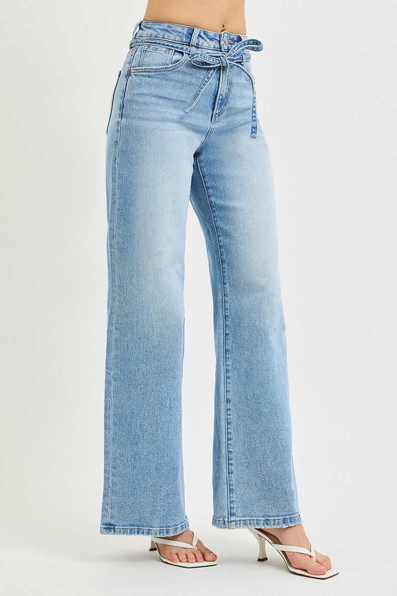 High Rise Risen Wide Leg Jeans With Waist String Details