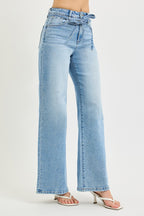 High Rise Risen Wide Leg Jeans With Waist String Details