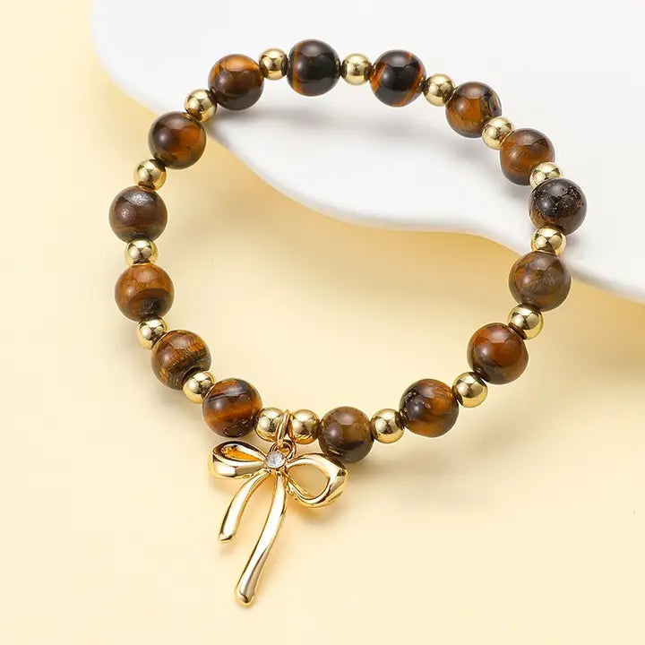 Natural Stone Tiger Eye Bow Charm Bracelet