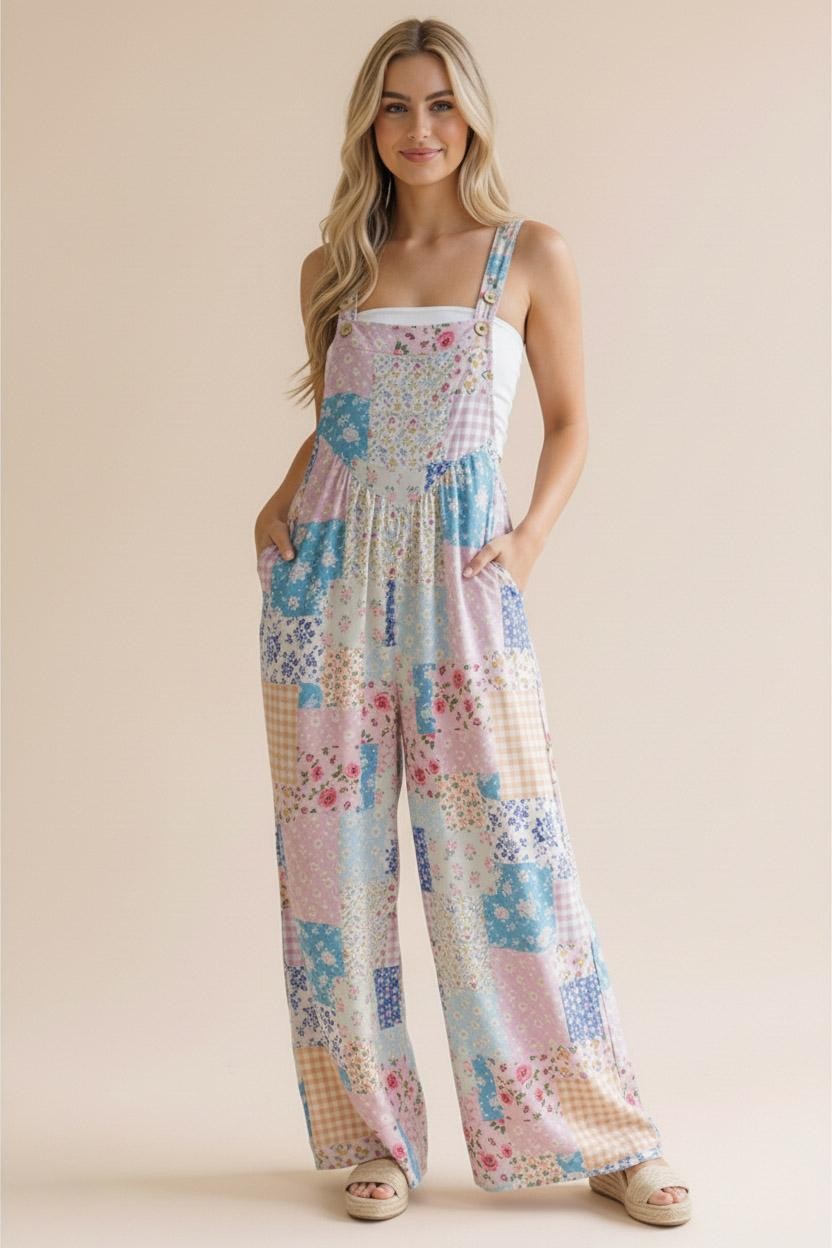Floral Patchwork Wide Leg Bib Overalls
