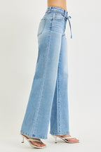 High Rise Risen Wide Leg Jeans With Waist String Details