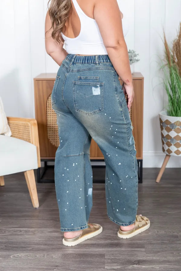 Blue Velvet Paint Splatter Barrel Jeans