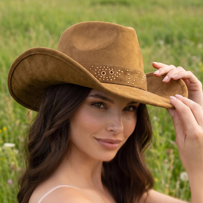 Studded Grommet Band Suede Cowboy Hat