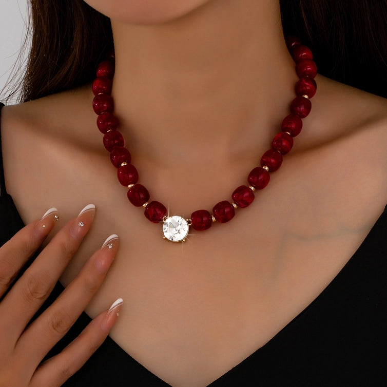 Resin Bead Round Crystal Pendant Necklace