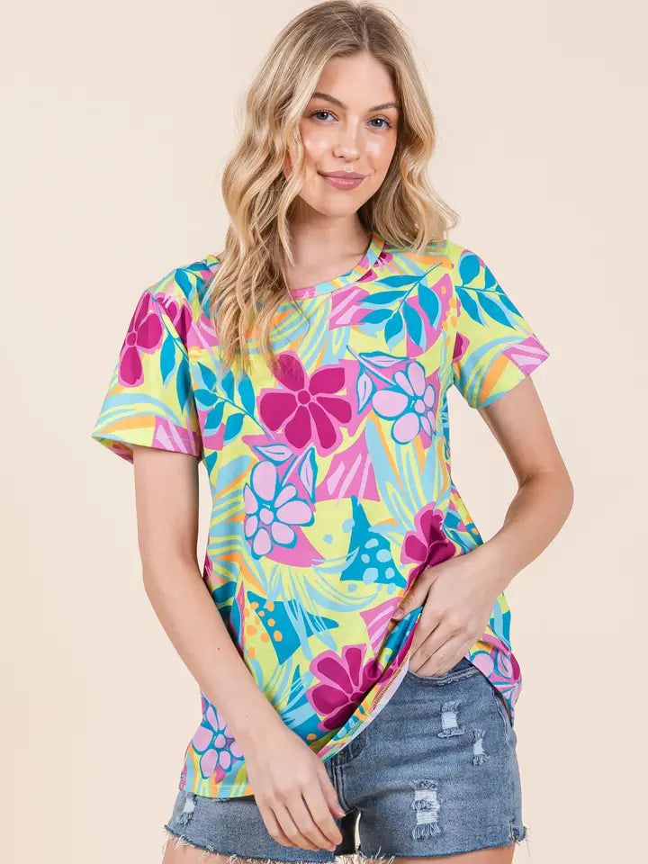 Tropical Floral Print Short Sleeve Top