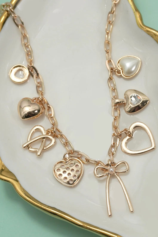 Charm Necklace Bow Multi Hearts Pearl Charms