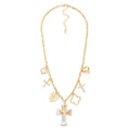 Chain Link Necklace Featuring Gold Tone Charm, Pearls, & Stone